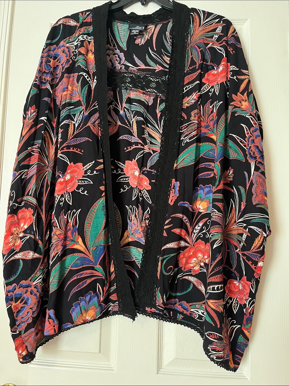 Angie Black Floral Open-Front Shrug with Red and Green Accents